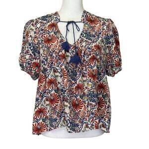 Rain red/blue/cream top, large, bohemian, festival, hippie, floral, retro